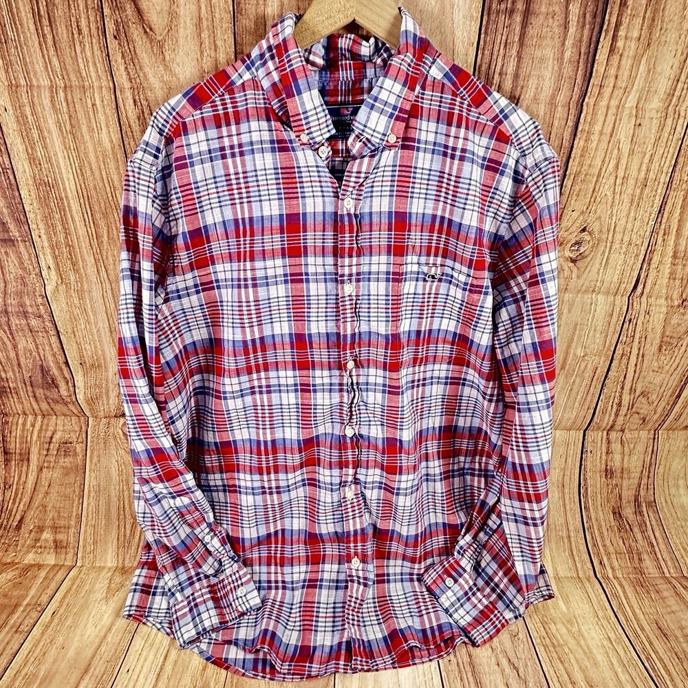 Vineyard Vines Tucker Shirt Men Plaid Button Down Long Sleeve BLUE‎ RED XL